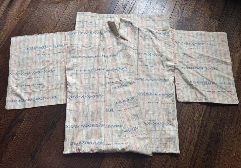 VTG 70s 80s 61” Handwoven Organic Cotton Japanese Ikat Kasuri Kimono Robe Jacket